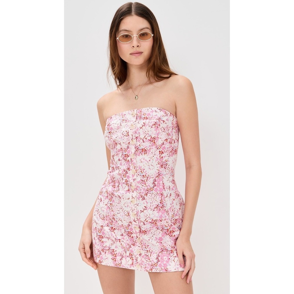 New Free People Strapless Floral Button Front Mini Dress Pink Red XL - Picture 12 of 14